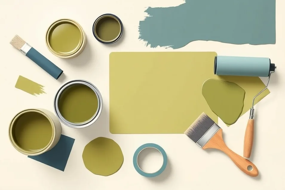 Pots de peinture, nuancier, brosses et rouleaux disposés à plat