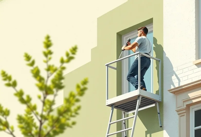 Peintre sur échafaudage traitant la façade d'une maison