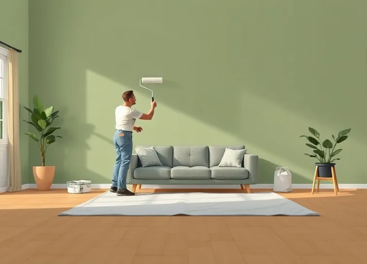 Peintre appliquant la peinture au rouleau sur un mur de salon